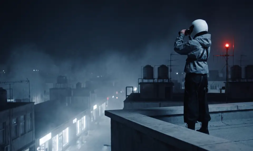 A figure in a white helmet watches a foggy city at night through binoculars from a rooftop, a red aviation lamp beside them.